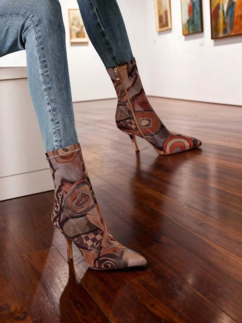 Multicolor Vintage Women's All Over Print Stiletto Slip-On Stretch Ankle Boots